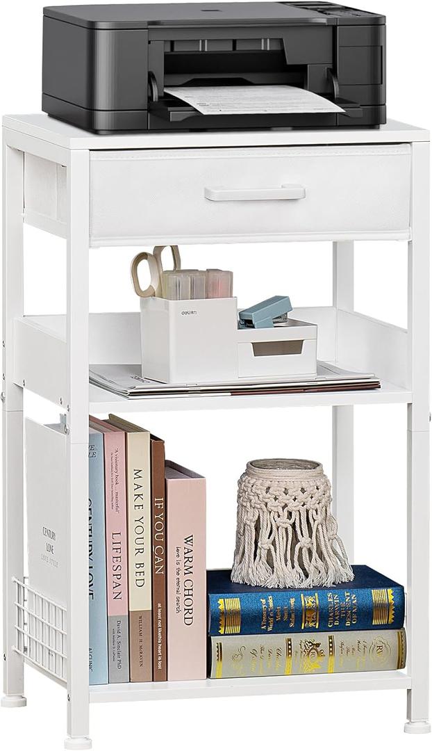 Lerliuo White Printer Stand with Fabric Drawer, 3 Tier Industrial Side Table, Modern Small Printer Desk Holder with Storage Shelf,Multi-Functional Bedside Tables for Home Office Fax Machine Scanner (1 pack)