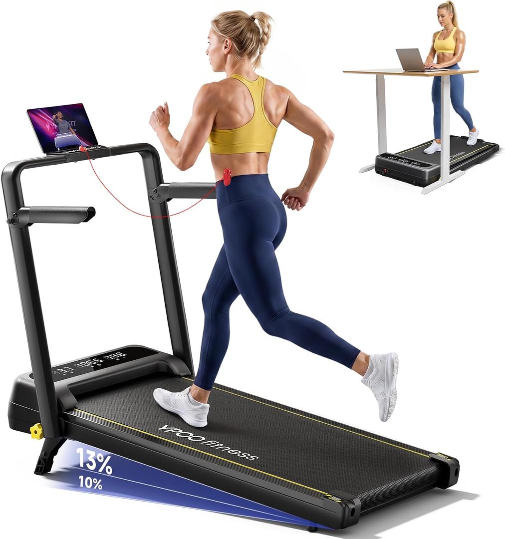 YPOO Foldable Treadmill with Incline, Walking Pad with Handle Bar 3 Level Incline, Portable Folding Treadmills for Home/Office 300 Lbs Capacity, Quiet Desk Treadmill with Remote Control & APP