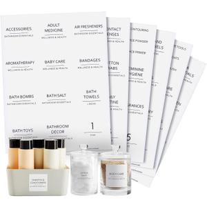 Talented Kitchen Minimalist Bathroom Labels for Organizing - 174 Labels, 2.5" x 2.5" & 2.5" x 0.75", Black on White - Stickers for Jars & Bottles - Water-Resistant for Medicine Cabinet