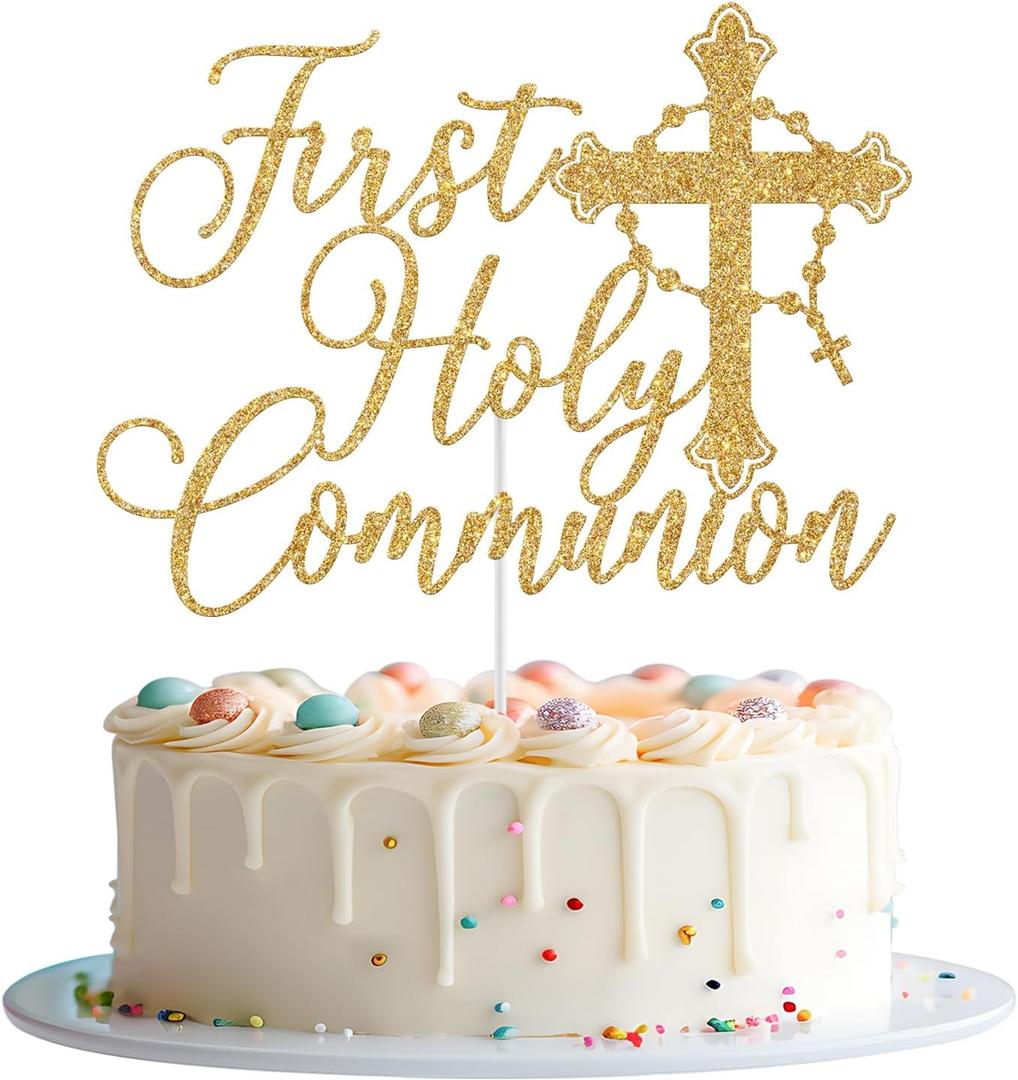 First Holy Communion Cake Topper, God Bless, Baptism Cake Decorations, First Communion Decor, Religious Baptism Christening Baby Shower 1st Birthday Party Decorations Gold Glitter