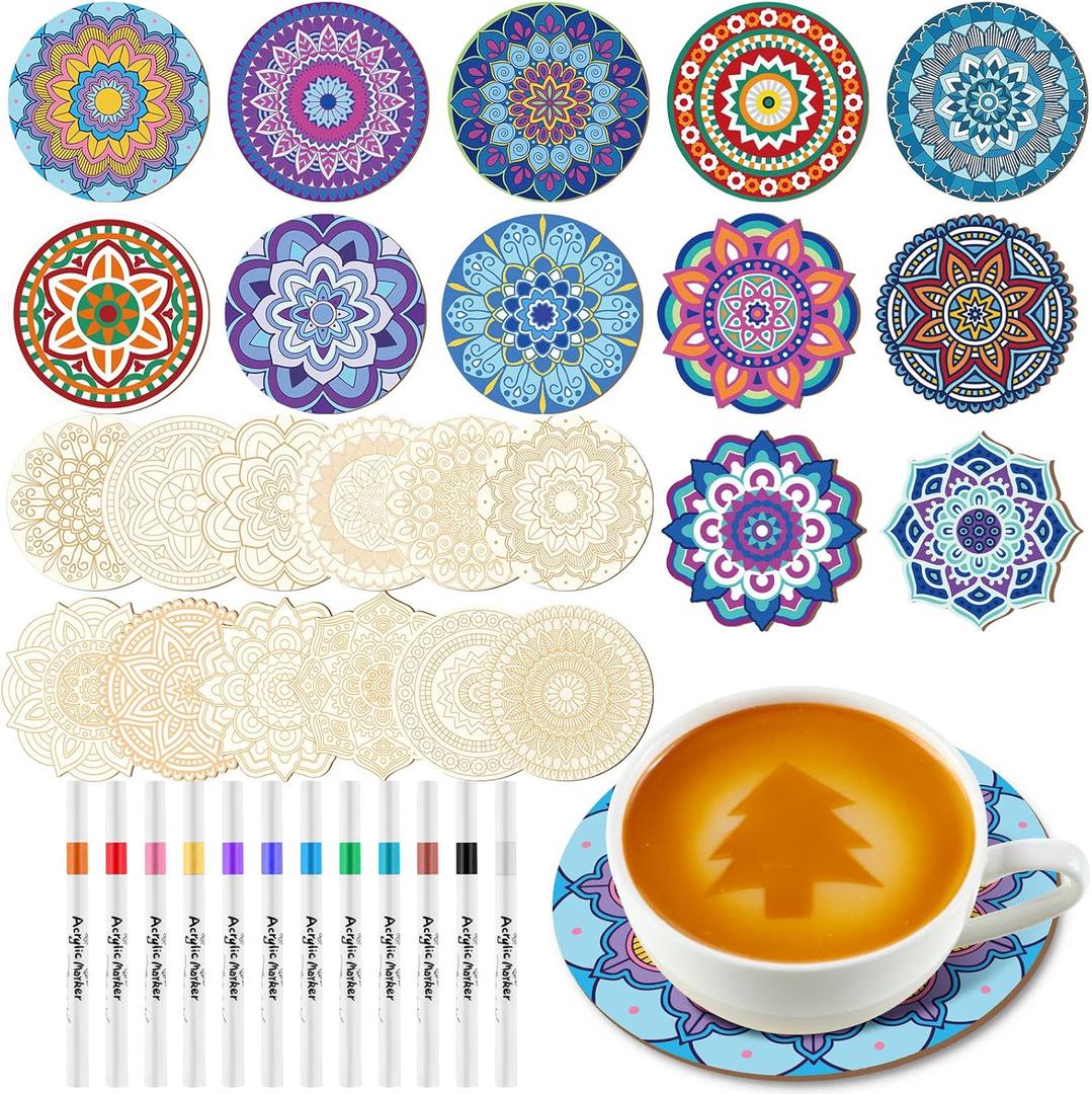Patelai 24 Pcs Rangoli Coaster Kit Wooden Mandala Painting Set with Markers for Crafts Unfinished Color Your Own DIY Coaster for Adults Wedding Home Ornament Decor