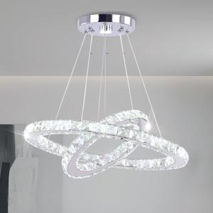 LED Modern Crystal Chandelier 19.7 x 11.8 inches Ceiling Pendant Light 2 Rings Adjustable Stainless Steel Lighting Fixtures Dining Room Living Room (White) (2ring-coolwhite)