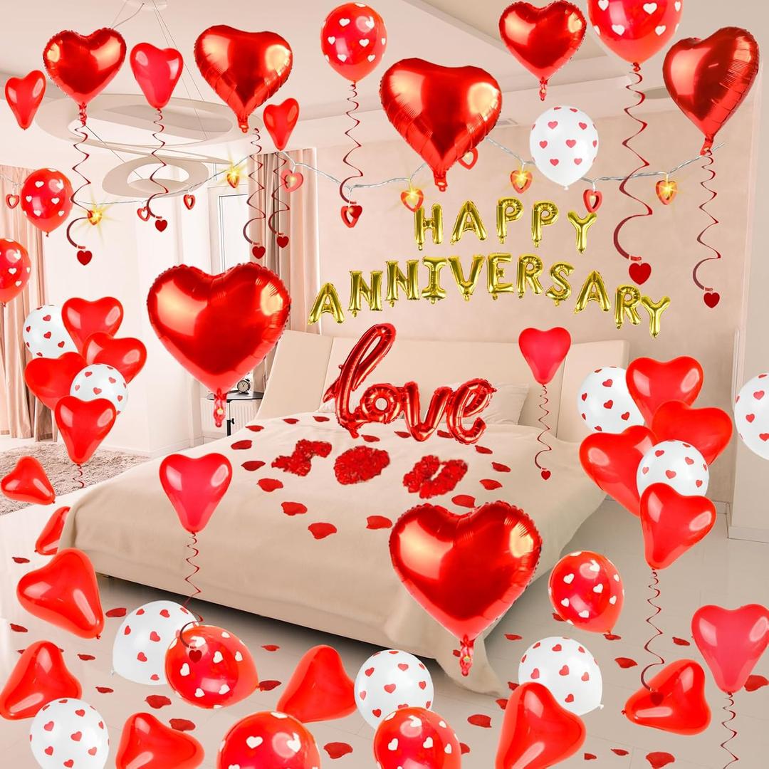 84PCS Happy Anniversary Balloons Kit - Happy Anniversary Decorations for Bedroom Love & Heart Balloons 1000PCS Silk Rose Heart Shaped USB Light String Petals for Romantic Night