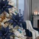 8 Pcs Velvet Christmas Glitter Poinsettia Flowers 12'' Large Heads Artificial Poinsettia Flower Ornaments Picks Christmas Tree Decoration Fake for Xmas Ornament Wedding Holiday(Dark Blue)