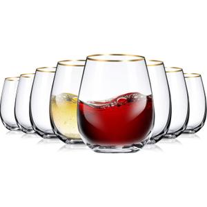 Stemless Wine Glasses with Gold Rim, Set of 8, 15 oz Red Wine Glasses Gold Rimmed Crystal Drinkware for Wedding Party All Beverages