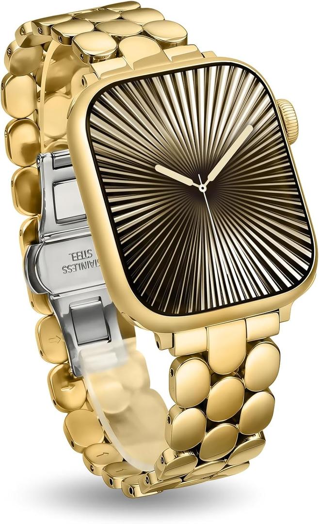 Moolia Stainless Steel Bracelet Compatible with Apple Watch Band 42/41/40/38/46/45/44/49mm Designer Elegant Metal Women Replacement Bracelet for iWatch Series 11 10 9 8 7 6 5 4 3 2 1 SE/Ultra1/2/3 (Gold)