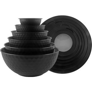 COOK WITH COLOR Mixing Bowls with Lids - 12 Piece Plastic Nesting Bowls Set includes 6 Prep Bowls and 6 Lids, Non Slip Bottom and Embossed Design - Microwave Safe (Black)