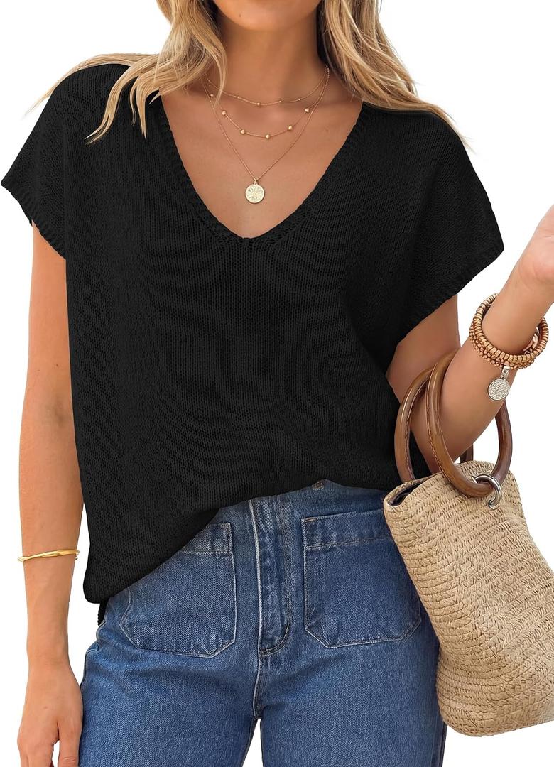 ZESICA Summer Short Sleeve Sweaters for Women 2026 Casual V Neck Oversized Sweater Vest Lightweight Knit Pullover Tops (Black, S)