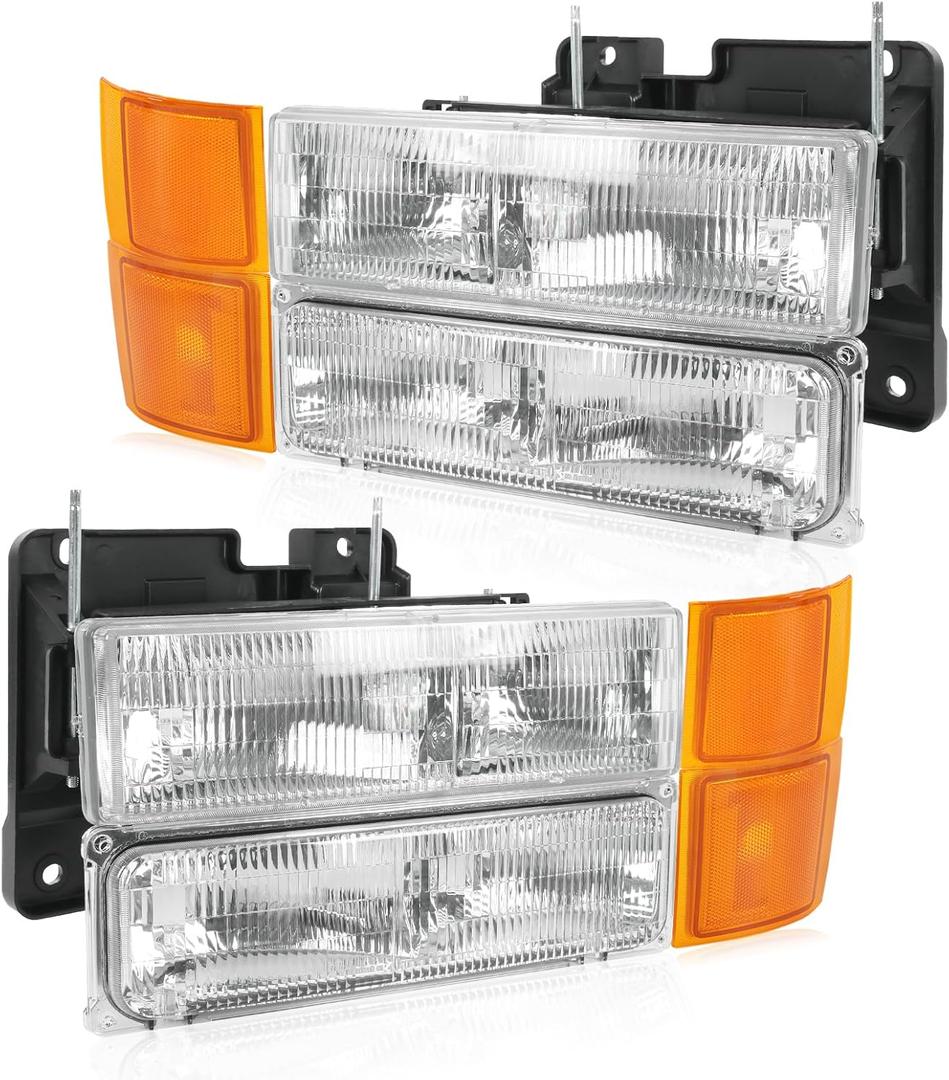Headlights Assembly Replacement For Chevy Silverado Suburban Tahoe C10 C/K 1500 C2500 C3500 1994-1998, Chrome With Amber Reflector