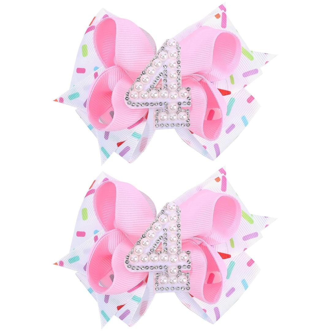 2PCS Hair Bows for Baby Girls Birthday - 4th Birthday Hair Bow Sweet Theme with Ice Cream Party, Pink Hair Accessories for Baby Toddler 1 2 3 4 5 6 Years, Outfit & Decorations