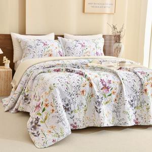 Lady Ann 100% Cotton Quilt Sets Queen, Yellow Flower Botanical Pattern Printed Quilted 102x118 Bedspread Set,Vintage Coverlet Ultra Soft Bedspread Set with Pillow Shams Al Season,3 PCS, Oversized Queen