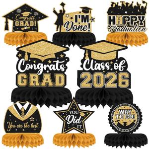 2 x 8 Pieces Class of 2026 Graduation Table Decorations - Congrats Grad Honeycomb Centerpieces, Black and Gold Graduation Table Toppers Decor for 2026 Graduation Party Decorations Favor Supplies
