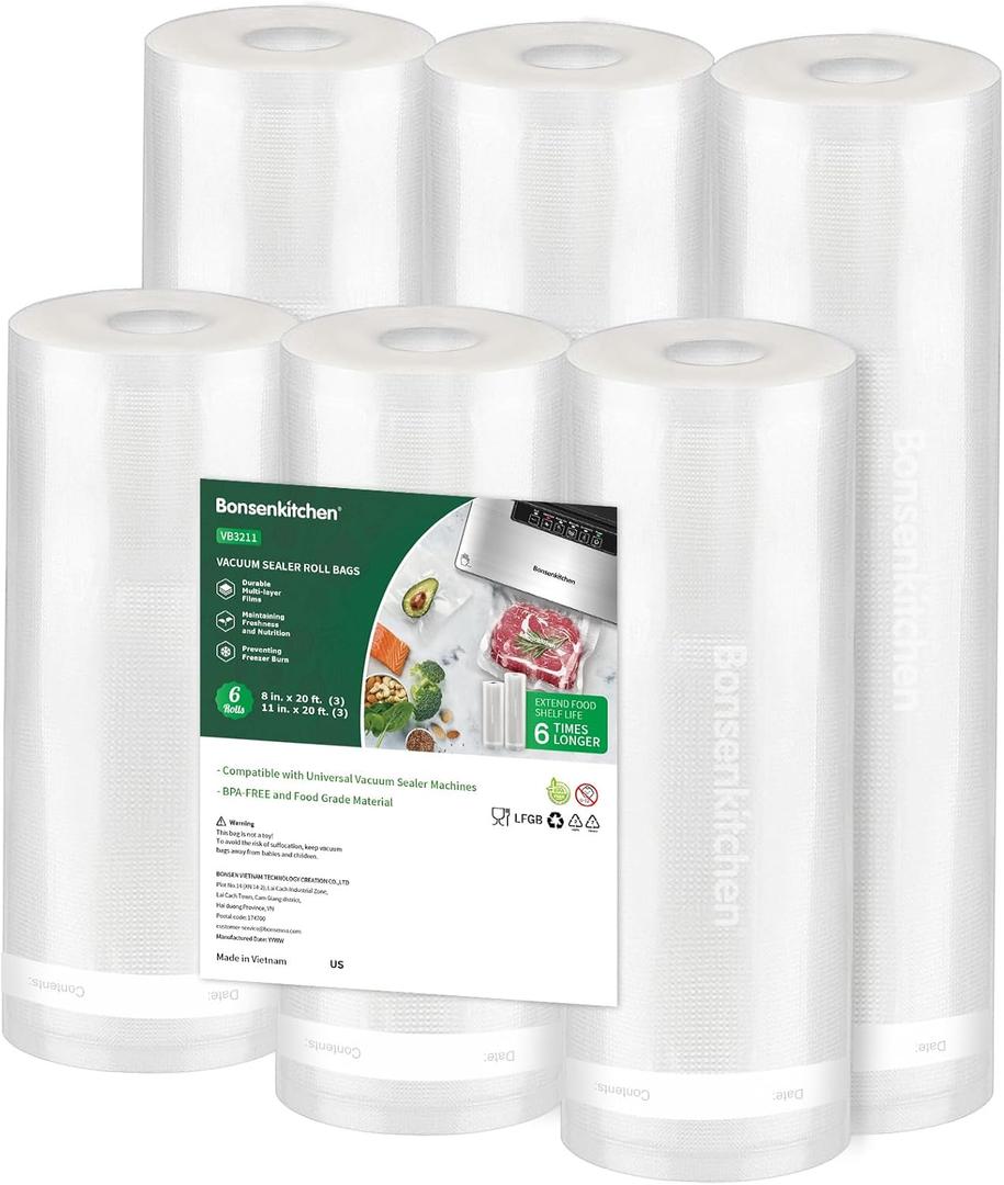 Bonsenkitchen Vacuum Sealer Rolls Bags, 3 Pack 3 Rolls 11" x 20' + 3 Rolls 8" x 20' Commercial Grade BPA Free Bag Rolls, Durable Customized Size Food Vac Bags for Storage and Sous Vide Cooking VB3211