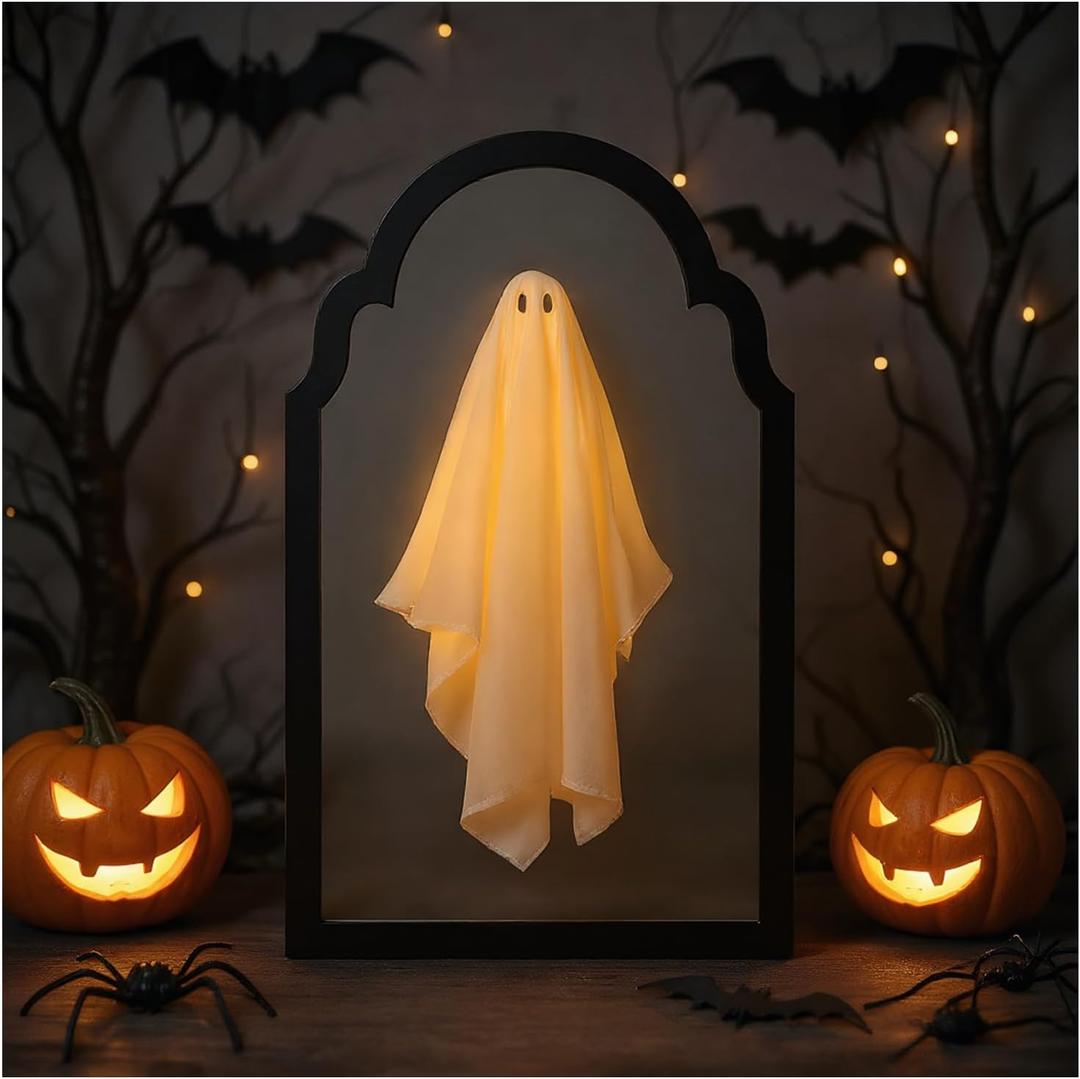 Halloween Hologram Ghost Mirror with Creepy Eyes Night Light,Halloween Ghostmirror Spooky Halloween Haunted House Decor,Black Wood Frame (S)