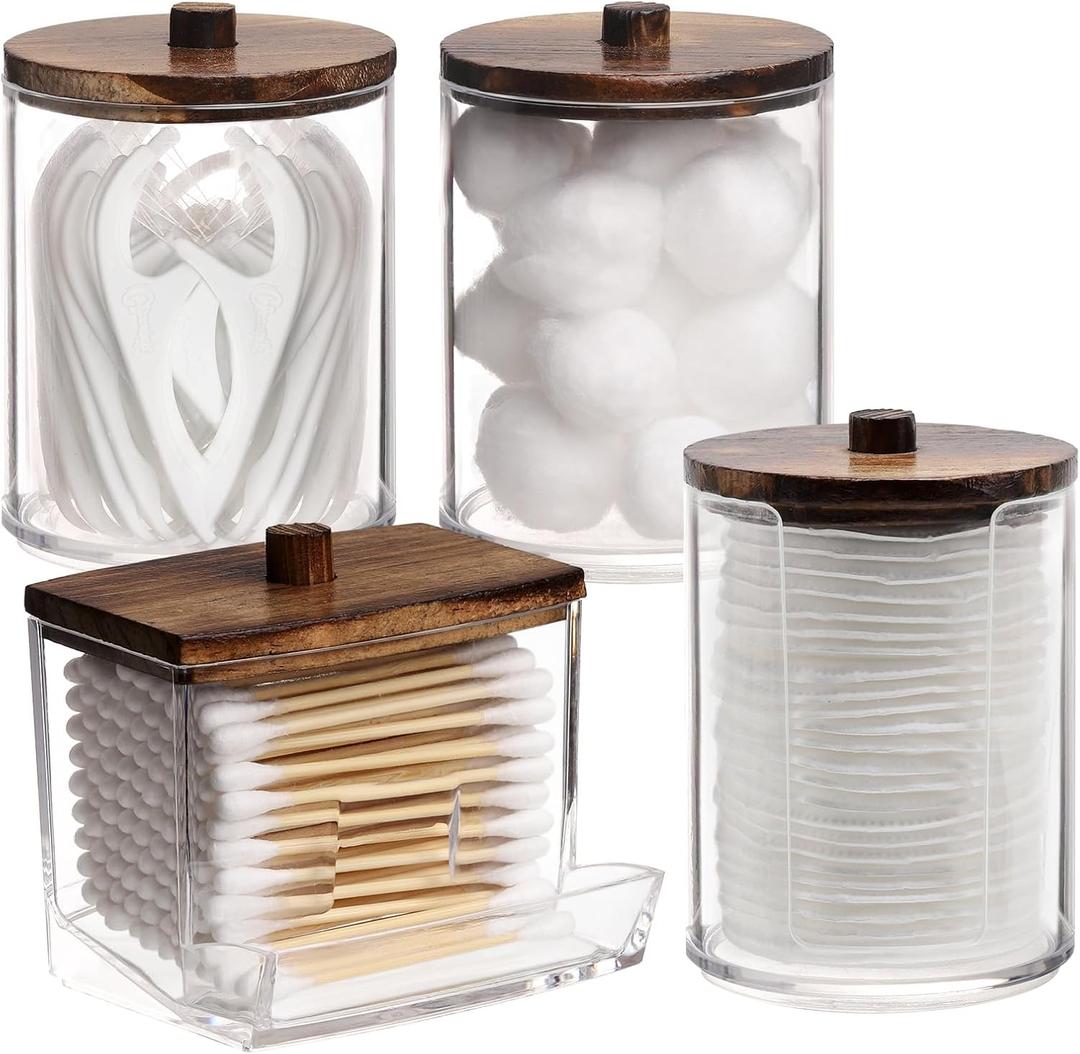 Tbestmax 4 Pack Qtip Holder Dispenser, 10/7oz Bathroom Container for Cotton Ball Cotton Swabs Pads, Apothecary Jar with Wood Lids for Organizer and Storage (Brown)