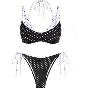 ZAFUL Women's Polka Dot Bikini Set Double Layer Halter Swimsuit Colorblock Side Tie 2 Piece Bathing Suit (Black, L)