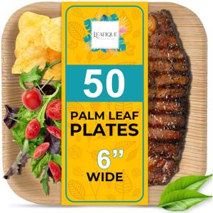 100% Natural 6 Palm Leaf Square Plate (50-pack), Compostable & Biodegradable Dinnerware for Catering, Birthdays, Halloween, BBQs, Thanksgiving, Alternative to Paper & Bamboo Plates Disposable