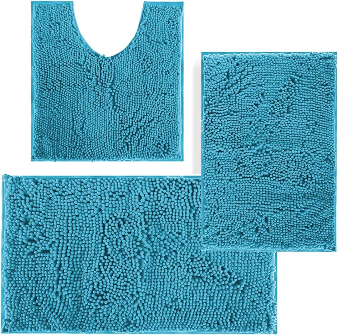 Bathroom Rugs Sets 3 Piece,Extra Soft and Absorbent Bath Rugs,Thick Chenille Bath Mat,Non-Slip Plush Shaggy Bath Carpet Set,Machine Wash Dry Quick Durable Carpet for Tub and Shower(Clear Blue) (16"x24"+20"x32"+U Shape 20"x20")