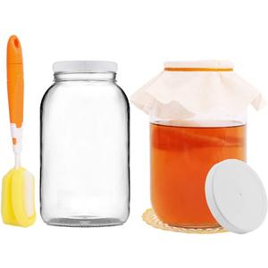 Artcome 1-Gallon Glass Jar Wide Mouth with 2 Airtight Plastic Lids, 4 Muslin Cloths, 2 Rubber Bands, 2 Gold Mats and a Brush for Kombucha, Fermenting, Kefir, Storing and Canning, 2 Packs