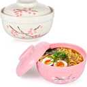 2 Pack Ceramic Ramen Noodle Bowl, 27 OZ Big Ramen Bowl with Lid, Japanese Hand-Painted Ceramic Tableware, Durable Floral Soup Bowl for Noodles, Porridge, Rice, Dishwasher Safe(Pink, Beige)