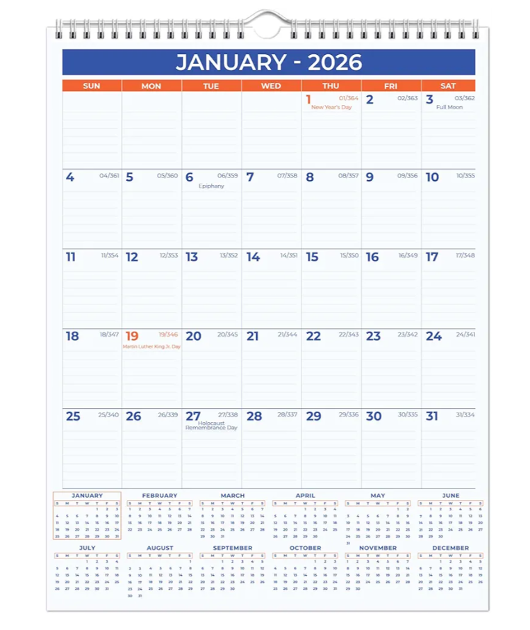 2026 Wall Calendar - January 2026 - December 2026, 12 Monthly Hanging Calendar, 2026 Planner, Size 11" x 17", Spiral Binding, Holidays, Julian Dates, Large Blocks, Twin-Wire Binding, Hanging Hook