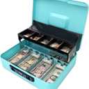 Jssmst Locking Metal Cash Box with Coin Lid, 11.8L x 9.5W x 3.5H Inches, Safe Money Box with Key Lock, Light Blue, SMCB0519LB