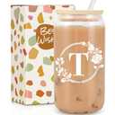 Birthday Gifts for Women, Monogrammed Initial Glass Cup Personalized Gifts for Women, 16oz Glass Cups with Lids and Straws, Iced Coffee Cup, Beer Can Shaped Glass - Gifts for Christmas, Birthday, T