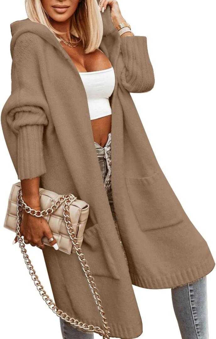 Aoysky Womens Long Cardigans Cable Knitted Open Front Oversized Hooded Outerwear Sweater Coat (Large, Khaki)