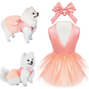 Summer Girl Dog Dress, Dog Silk Tulle Dress, Cute Princess Dogs Dresses with Bow, Lace Pet Birthday Party Outfit Puppy Tutu for Small Dogs, Fancy Puppy Clothes for Chihuahua Teacup Yorkie (Medium, Pink)