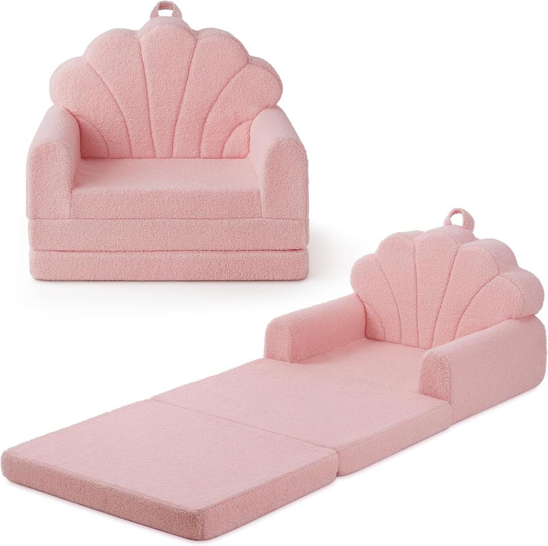 Blissful Diary Kids Couch, 2-in-1 Soft Toddler Couch Fold Out, Toddler Chair Comfy, Convertible Sofa to Lounger, Kids Furniture for Playroom, Gift for Birthday, Children's Day, Pink Shell