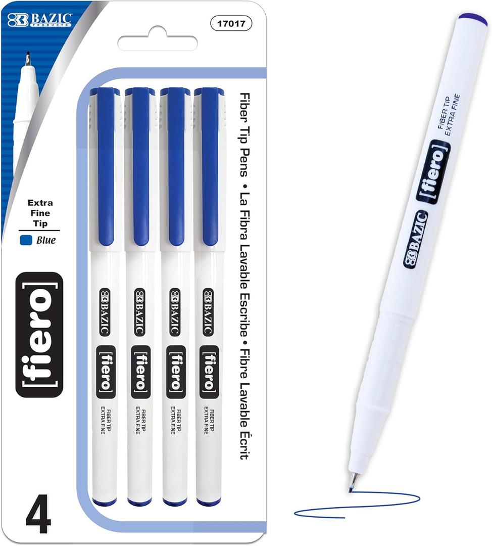 BAZIC Products Fiero Fiber Tip Pen, Fineliner Pens 0.4mm Blue Color Extra Fine Point, Writing Drawing for Graphic Office School (4/Pack), 1-Pack