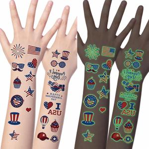 176PCS Glow in the Dark Patriotic Temporary Tattoos – Luminous Red White Blue USA Style Stickers for Party, Festival, and Holiday Decorations