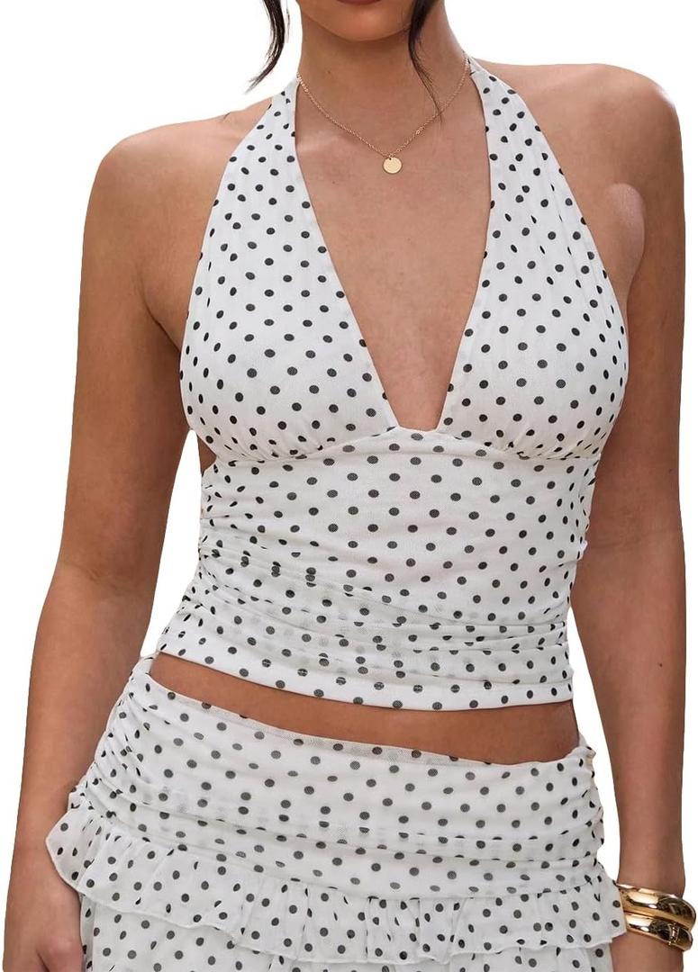 Women Y2k Sexy Polka Dot V Neck Mesh Halter Crop Tops Cute Off Shoulder Sleeveless Tie Up Ruched Tank Going Out (Medium, White)