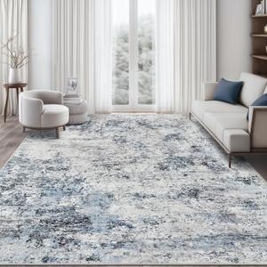 Living Room Area Rugs,8x10 Abstract Large Washable Rug Neutral Modern Low Pile Carpet for Bedroom Foldable Soft Rug for Dining Room Farmhouse Home Office, (Grey Blue,8'x10')