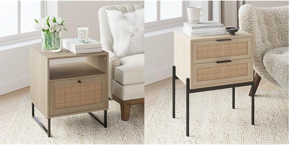 Nathan James Mina Rattan Wood End Side Accent Table Nightstand & Andrew Nightstand, Accent Bedside End Side Table with Storage Drawer (Oak/Black)