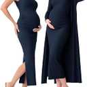 Rnxrbb 2 PCS Winter Spring Maternity Dress Cardigan Set Long Bodycon Maxi Formal Dresses Boho Baby Shower for Women (Navy)