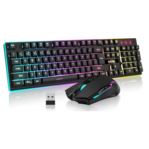 RedThunder K10 Wireless Gaming Keyboard and Mouse Combo, LED Backlit Rechargeable 3800mAh Battery, Mechanical Feel Antighosting Keyboard + 7D 3200DPI Mice for PC Gamer (Black)