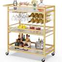 Leteuke Bar Cart for Home, 3 Tier Gold Serving Rolling Carts with Wheels, Drink Cart, Liquor Stand with Marbled Wooden Shelves, Wine Rack and Glass Holder for Kitchen, Dining Room
