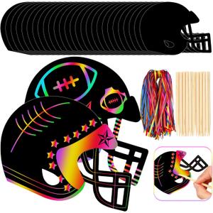 Syhood 64 Pcs Football Scratch Paper Crafts Kit Rainbow Football Helmet Scratch Cards Ornaments with Wooden Stylus and Ribbons for Crafts Painting Party Supplies