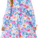 Haloumoning Girls Fall Long Sleeve Floral Dresses Kids Square Neck Smocked Holiday Party Dress 5-14 Years