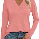 Womens V Neck Long Sleeve Shirts Dressy Casual Fall Tops Trendy Loose Tunic Tops Blouse (Large, Pink)