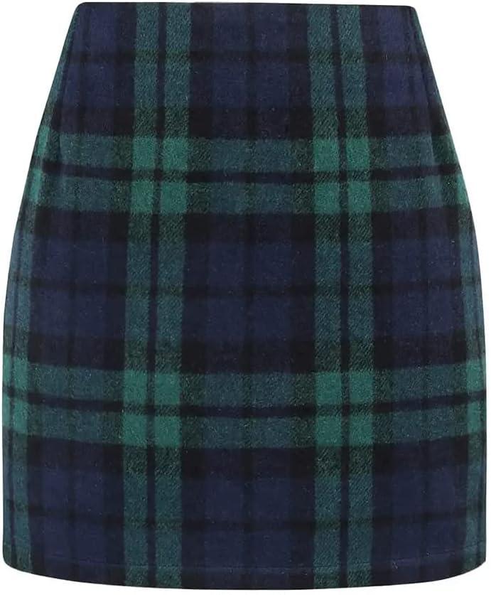 Kinghua Womens Wool Plaid Mini Skirt Fall Winter High Waisted Bodycon Pencil Skirt (XL)