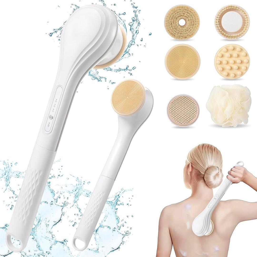 LINGSFIRE Electric Body Brush Rechargeable Back Scrubber for Shower Exfoliating Bath Brush Long Handle for Shower Lotion Applicator for Back Silicone Body Scrubber with 6 Shower Brush Heads