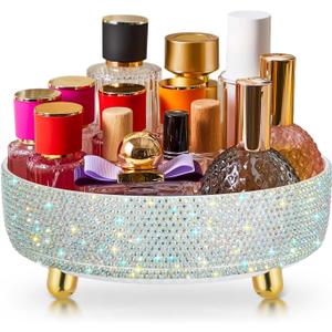 Honeydak Bling Perfume Makeup Organizer Rhinestone Bathroom Organizers and Storage 360 Rotating Makeup Organizer for Countertop Women Girls Essentials(White,Rhinestone)