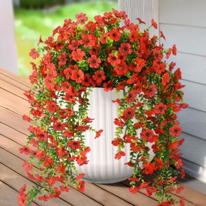 Hommyea Fake Artificial Hanging Flowers for Outdoors, 2 Pcs Fake Hanging Plant Spring Summer Decor, UV Resistant No Fade Faux Silk Daisy Flower for Front Door Porch Planter Patio Yard Garden(Red)