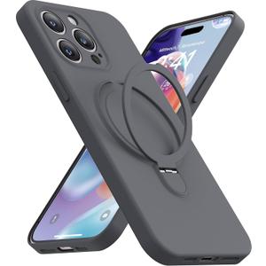 Magnetic Stand for iPhone 15 Pro, Liquid Silicone, [Compatible with MagSafe][Built-in Kickstand&Ring Holder] Anti-Scratch Soft Microfiber Lining, Gray