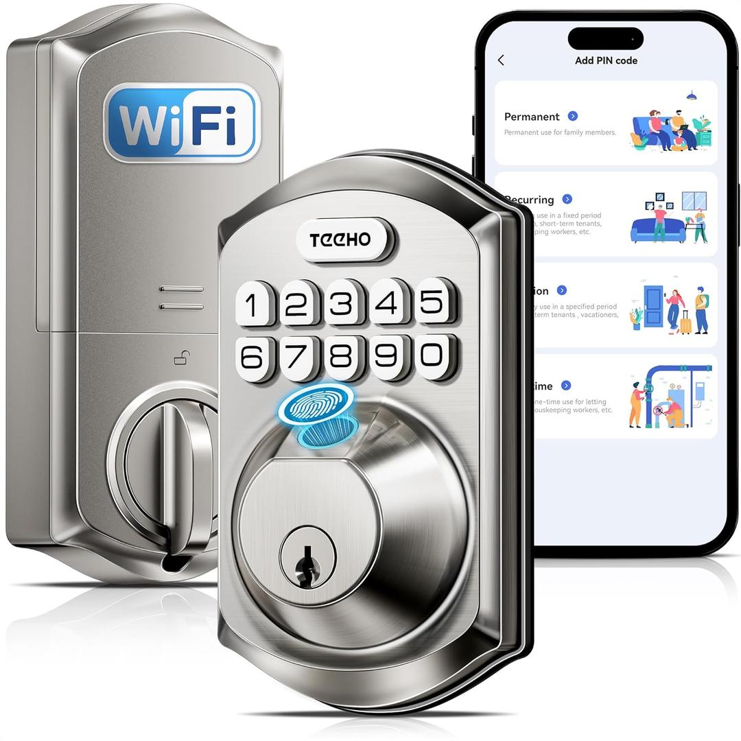 TEEHO TE012W WiFi Smart Lock, Fingerprint Door Lock with Built-in Wi-Fi, Keyless Entry Keypad Smart Deadbolt, App Remote Control, Alexa Compatible, IP55 Waterproof for Front Door  Satin Nickel TEEHO TE012W WiFi Smart Lock, Fingerprint Door Lock with Built-in Wi-Fi, Keyless Entry Keypad Smart Deadbolt, App Remote Control, Alexa Compatible, IP55 Waterproof for Front Door  Satin Nickel