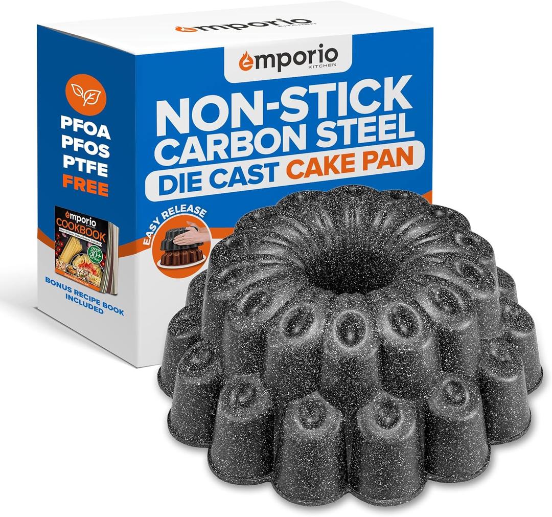 Baking Pan - Two-Layered Nonstick Gray Marble Coating, Aluminum Fluted Cake Pans, Oven Safe (Up To 450 F), PFOA, PFOS, and PTFE Free, Recipe Booklet Included, Marquise Pan, Gray (Blossom)