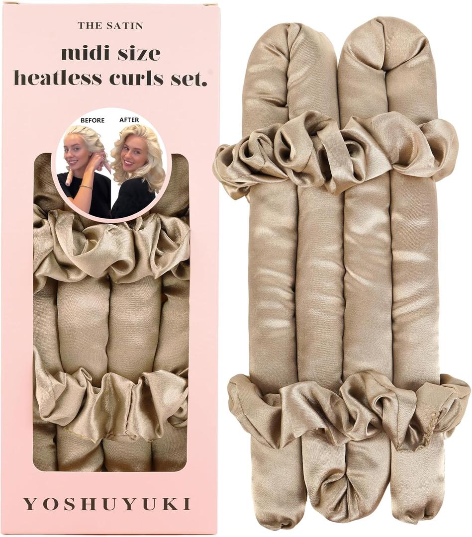 Midi Heatless Curls Overnight Hair Curlers to Sleep in Small Hair Rollers for Short Medium Hair No Heat Overnight Curls, Soft Satin Flexi Rods Heatless Curling Rod Set Styling Tools for Women (0.98" MIDI, Oat)