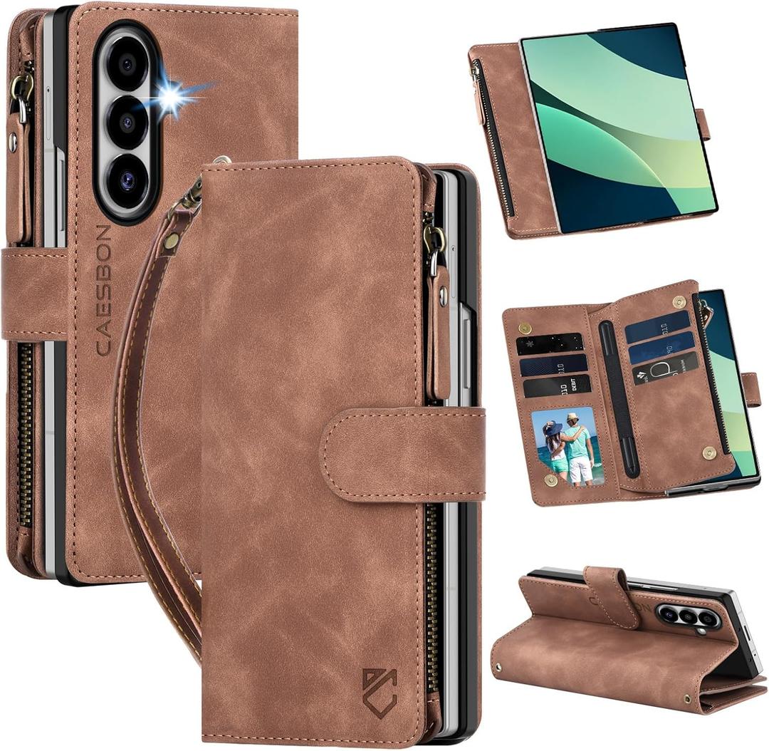 for Samsung Galaxy-Z-Fold-7 Wallet Case: with RFID Blocking Card Slots (6 Cards) & Hidden S Pen Holder | Soft PU Leather Magnetic Snap Zipper Wrist Strap Protective Phone Cover - Brown